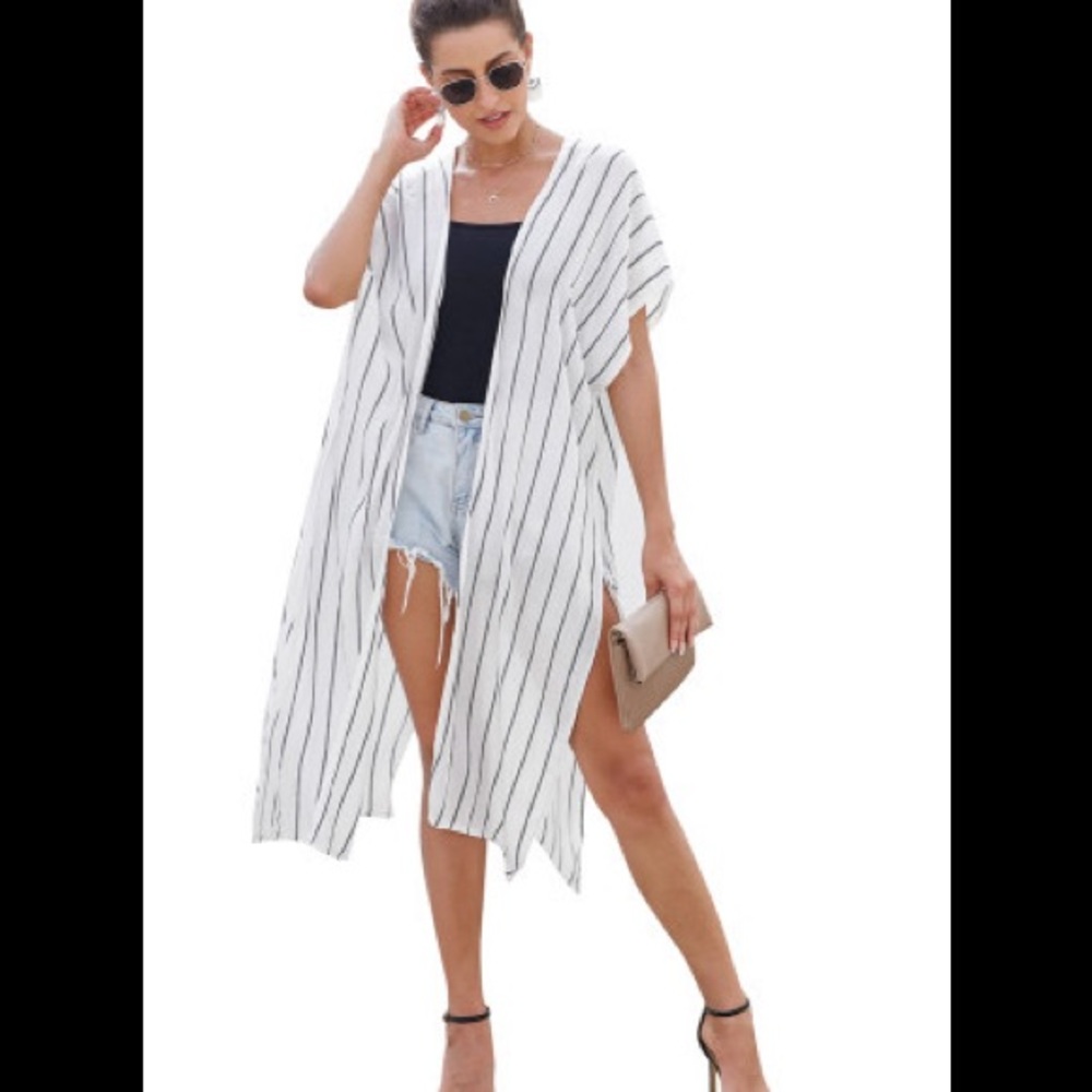 White Striped Open Kimono Multi-Season New In Package - Picture 7 of 12